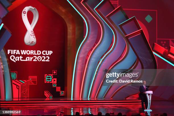 Gianni Infantino, Fifa President makes a speech during the FIFA World Cup Qatar 2022 Final Draw at the Doha Exhibition Center on April 01, 2022 in...