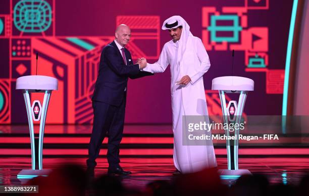 Gianni Infantino, Fifa President interacts with Sheikh Tamim bin Hamad Al Thani, Amir of Qatar during the FIFA World Cup Qatar 2022 Final Draw at the...