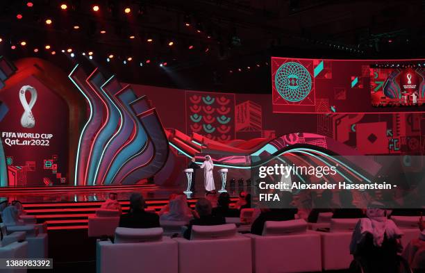 General view as Gianni Infantino, Fifa President interacts with Sheikh Tamim bin Hamad Al Thani, Amir of Qatar during the FIFA World Cup Qatar 2022...