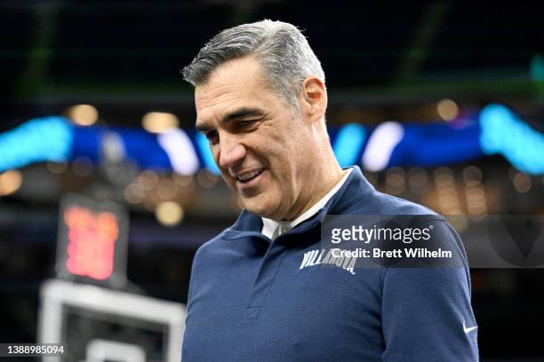 Head coach Jay Wright of the Villanova Wildcats looks on during a practice session ahead of the 2022 NCAA Men's Basketball Tournament Final Four at...