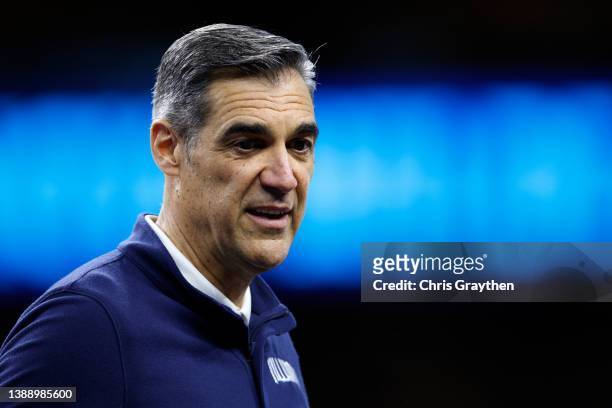 Head coach Jay Wright of the Villanova Wildcats looks on during practice before the 2022 Men's Basketball Tournament Final Four at Caesars Superdome...