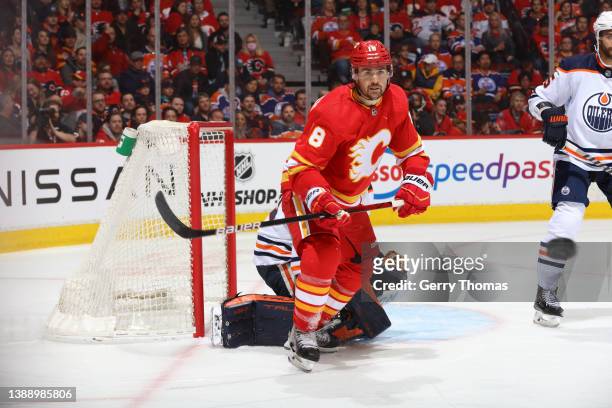 Ryan Carpenter of the Calgary Flames plays against the Edmonton Oilers at Scotiabank Saddledome on March 26, 2022 in Calgary, Alberta.