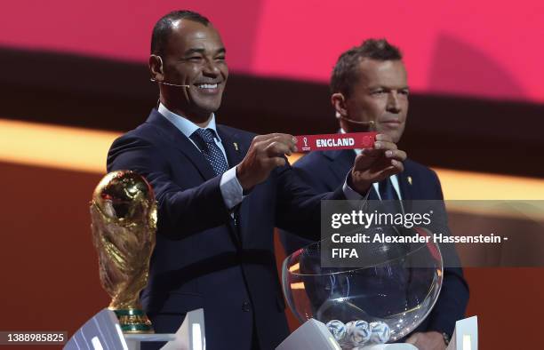 Cafu draws the card of England in Group B during the FIFA World Cup Qatar 2022 Final Draw at the Doha Exhibition Center on April 01, 2022 in Doha,...