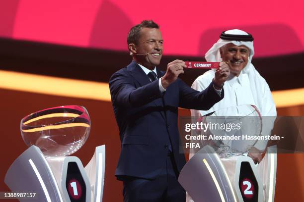 Lothar Matthaus draws the card of Germany in Group E during the FIFA World Cup Qatar 2022 Final Draw at the Doha Exhibition Center on April 01, 2022...