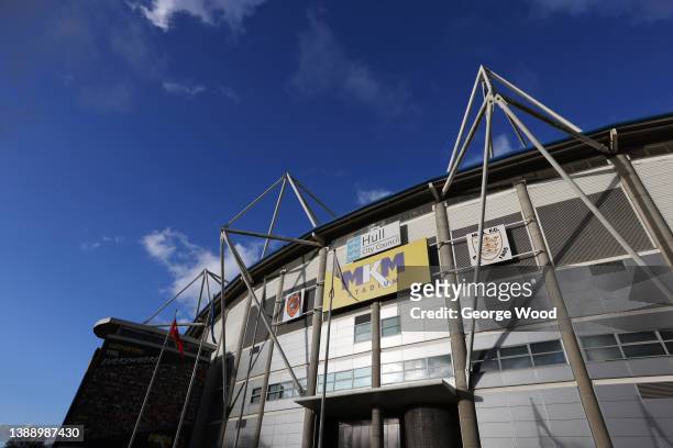 General view outside the stadium prior to the Sky Bet Championship match between Hull City and Huddersfield Town at KCOM Stadium on April 01, 2022 in...