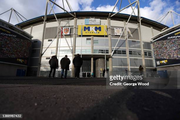 General view outside the stadium prior to the Sky Bet Championship match between Hull City and Huddersfield Town at KCOM Stadium on April 01, 2022 in...