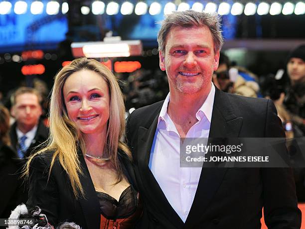 British actor Ray Stevenson poses with girlfriend Elisabetta Caraccia as they arrive at the Premiere screening of the film "Jayne Mansfield's Car"...