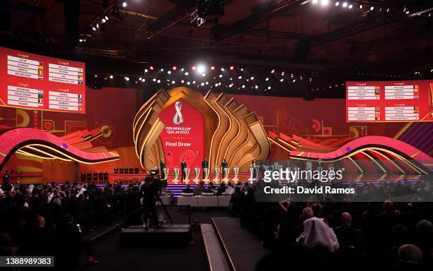 General view as the LED baodisplays the Fifa World Cup Qatar 2022 Final Draw results during the FIFA World Cup Qatar 2022 Final Draw at the Doha...