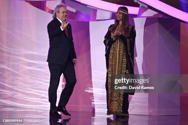 Rabah Madjer takes to the stage during the FIFA World Cup Qatar 2022 Final Draw at the Doha Exhibition Center on April 01, 2022 in Doha, Qatar.