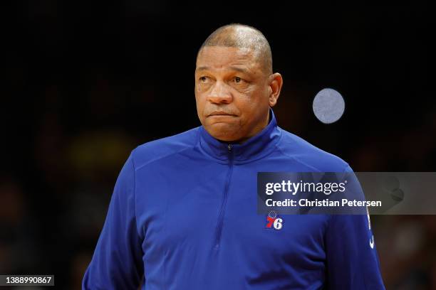 Head coach Doc Rivers of the Philadelphia 76ers during the second half of the NBA game at Footprint Center on March 27, 2022 in Phoenix, Arizona. The...