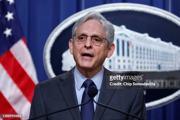 Attorney General Merrick Garland announces gun crime arrests and indictments during a news conference at the Robert F. Kennedy Department of Justices...