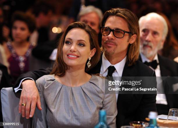 Angelina Jolie and Brad Pitt attend the Cinema for Peace Gala ceremony at the Konzerthaus Am Gendarmenmarkt during day five of the 62nd Berlin...