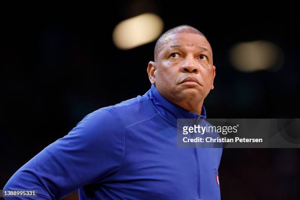Head coach Doc Rivers of the Philadelphia 76ers during the second half of the NBA game at Footprint Center on March 27, 2022 in Phoenix, Arizona. The...