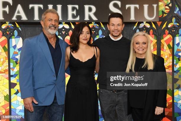 Mel Gibson, Teresa Ruiz, Mark Wahlberg and Jacki Weaver attend the photo call for Columbia Pictures' "Father Stu" at The London West Hollywood at...