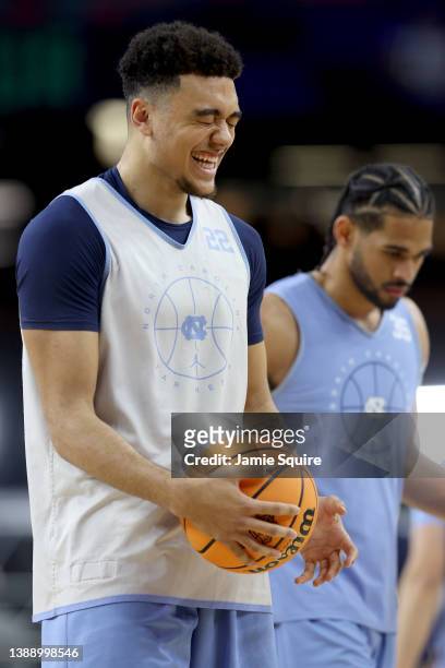 Justin McKoy of the North Carolina Tar Heels reacts during practice before the 2022 Men's Basketball Tournament Final Four at Caesars Superdome on...