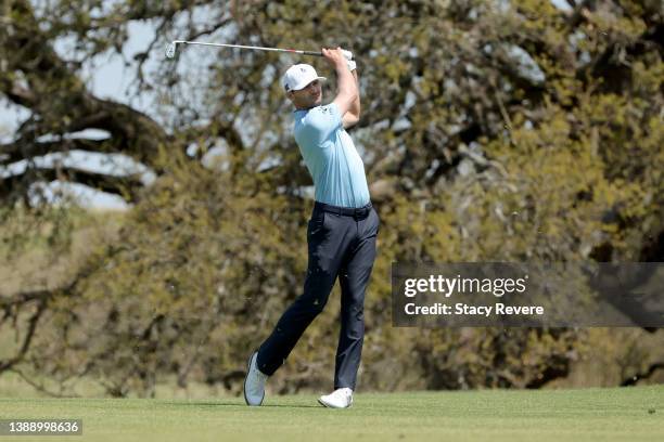 Kyle Stanley plays his shot on the 10th hole during the second round of the Valero Texas Open at TPC San Antonio on April 01, 2022 in San Antonio,...