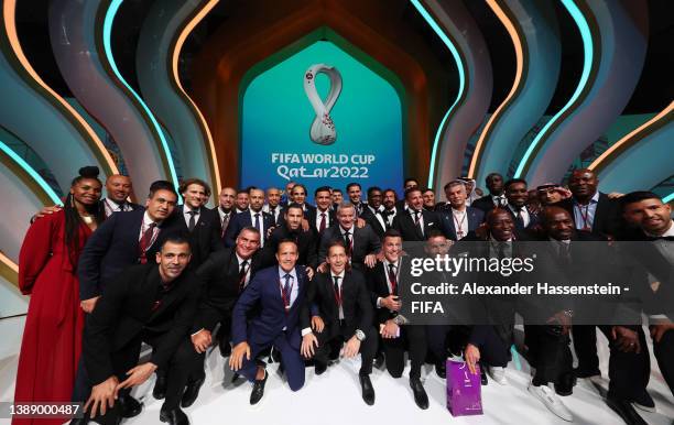 Fifa Legends pose for a photo after the FIFA World Cup Qatar 2022 Final Draw at the Doha Exhibition Center on April 01, 2022 in Doha, Qatar.