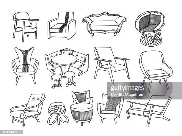 furniture chairs and armchairs - mixed sketch of a modern luxury living room stock illustrations
