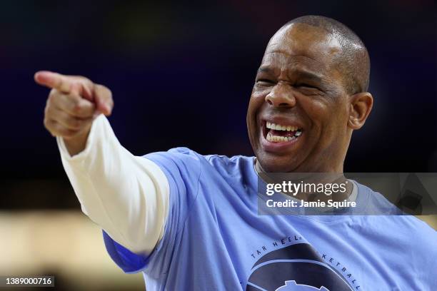 Head coach Hubert Davis of the North Carolina Tar Heels reacts during practice before the 2022 Men's Basketball Tournament Final Four at Caesars...