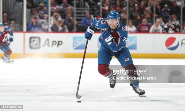 Nico Sturm of the Colorado Avalanche skates against the San Jose Sharks at Ball Arena on March 31, 2022 in Denver, Colorado.