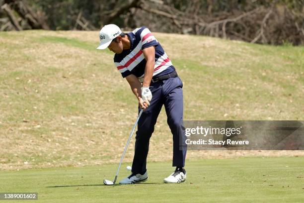 Takumi Kanaya of Japan plays his shot from the 13th tee during the second round of the Valero Texas Open at TPC San Antonio on April 01, 2022 in San...