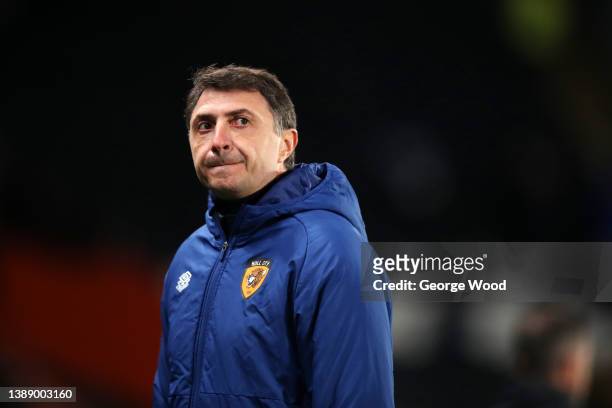 Shota Arveladze, Manager of Hull City looks on during the Sky Bet Championship match between Hull City and Huddersfield Town at KCOM Stadium on April...