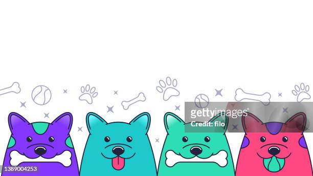 playful colorful dogs background border - pet equipment stock illustrations