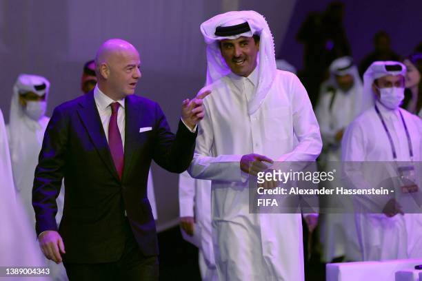 Gianni Infantino, Fifa President and Sheikh Tamim bin Hamad Al Thani, Amir of Qatar arrive during the FIFA World Cup Qatar 2022 Final Draw at the...