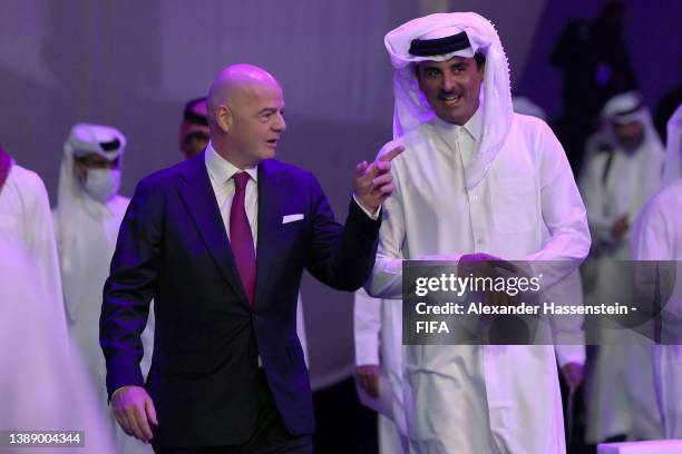 Gianni Infantino, Fifa President and Sheikh Tamim bin Hamad Al Thani, Amir of Qatar arrive during the FIFA World Cup Qatar 2022 Final Draw at the...