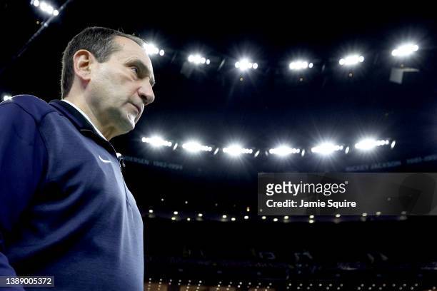Head coach Mike Krzyzewski of the Duke Blue Devils enters the arena before practice before the 2022 Men's Basketball Tournament Final Four at Caesars...