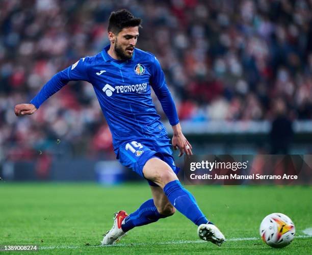 Okay Yokuslu of Getafe CF in action during the LaLiga Santander match between Athletic Club and Getafe CF at San Mames Stadium on March 18, 2022 in...