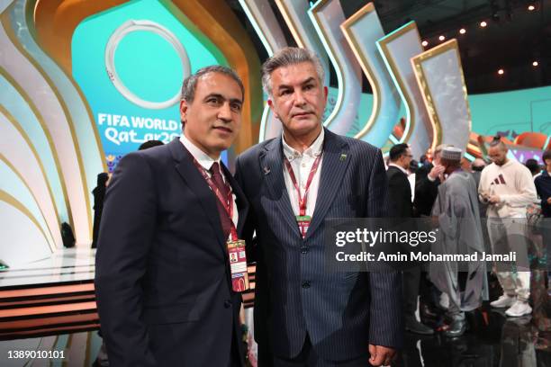 Mehdi Mahdavi Kia and Hamid Stili of Iran arrives ahead of the FIFA World Cup Qatar 2022 Final Draw at the Doha Exhibition Center on April 01, 2022...