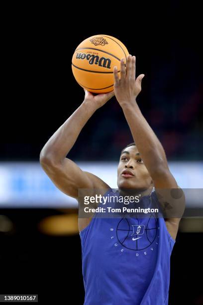 Jaylen Blakes of the Duke Blue Devils shoots the ball during practice before the 2022 Men's Basketball Tournament Final Four at Caesars Superdome on...