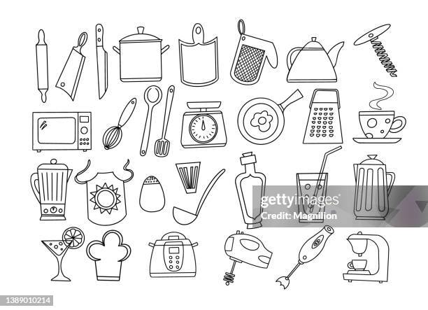 ilustraciones, imágenes clip art, dibujos animados e iconos de stock de juego de garabatos de cocina - cucharon