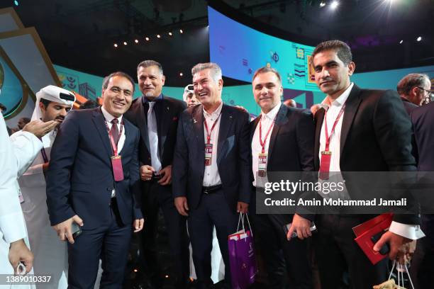 Hasan Kamrani Far and Hamid Stili and Mirshad Majedi and Ali Daei of Iran arrives ahead of the FIFA World Cup Qatar 2022 Final Draw at the Doha...