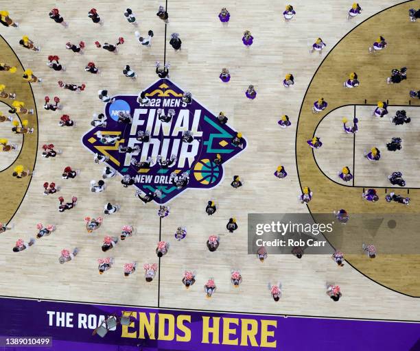 Local cheerleaders perform on the court following team practices before the 2022 Men's Basketball Tournament Final Four at Caesars Superdome on April...