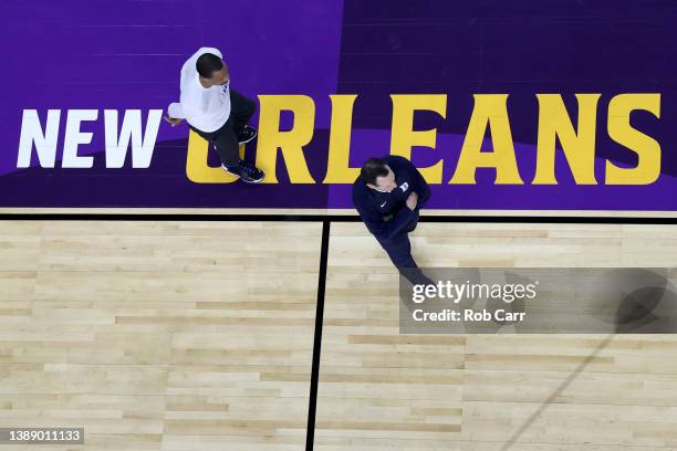 Head coach Mike Krzyzewski of the Duke Blue Devils looks on during practice before the 2022 Men's Basketball Tournament Final Four at Caesars...