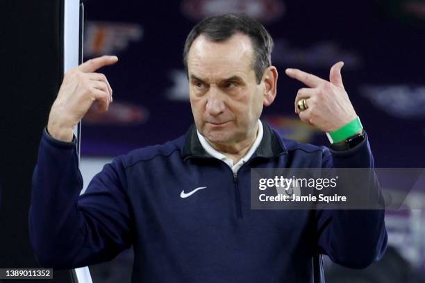 Head coach Mike Krzyzewski of the Duke Blue Devils talks to players during practice before the 2022 Men's Basketball Tournament Final Four at Caesars...