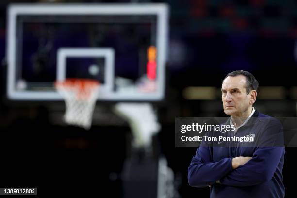 Head coach Mike Krzyzewski of the Duke Blue Devils looks on during practice before the 2022 Men's Basketball Tournament Final Four at Caesars...
