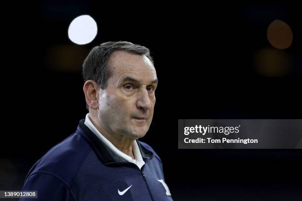Head coach Mike Krzyzewski of the Duke Blue Devils looks on during practice before the 2022 Men's Basketball Tournament Final Four at Caesars...