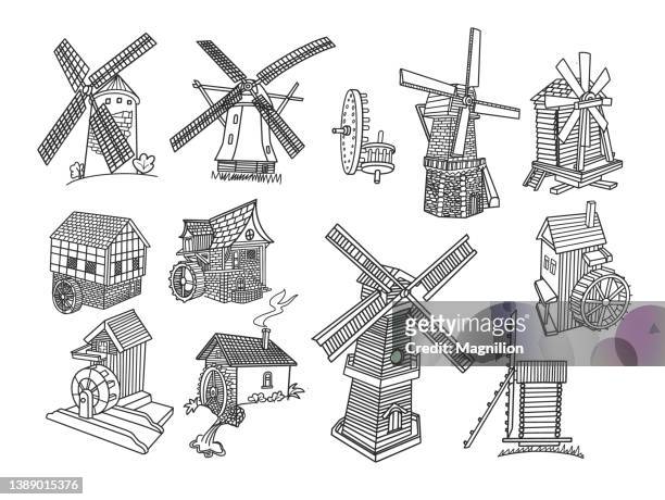 mills doodle set - water mill stock illustrations