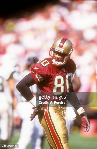 Wide Receiver Jerry Rice of the San Francisco 49ers appears in the game between the New York Jets vs San Francisco 49ers at 3Com Park on September 6,...