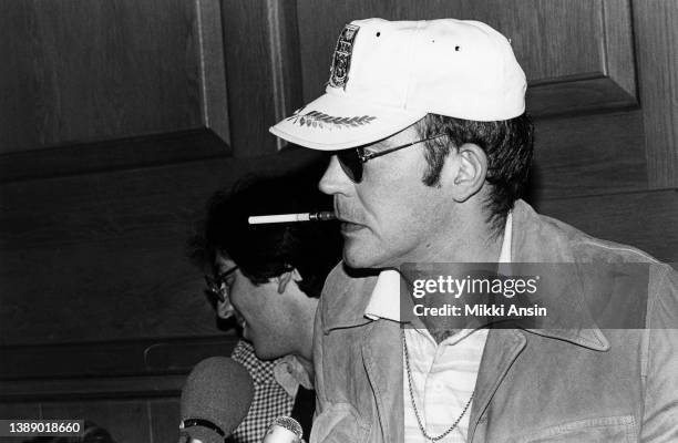 American author and journalist Hunter Thompson speaks at Harvard Law School, Cambridge, Massachusetts, April 1984.