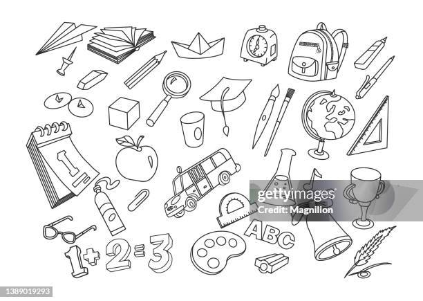 ilustrações, clipart, desenhos animados e ícones de conjunto de doodles escolares - tinta-instrumento-de-escrita