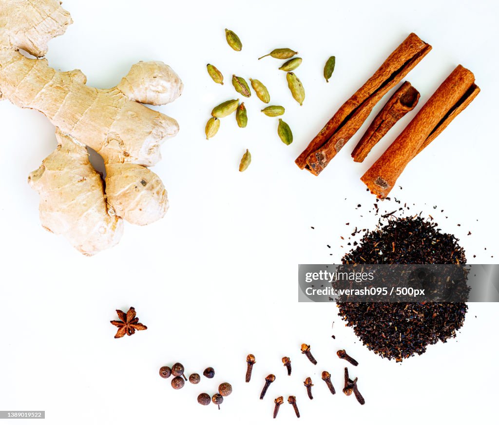 Ingredients for Indian masala tea on white background