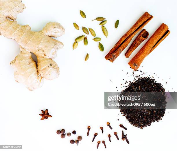 ingredients for indian masala tea on white background - masala tea foto e immagini stock