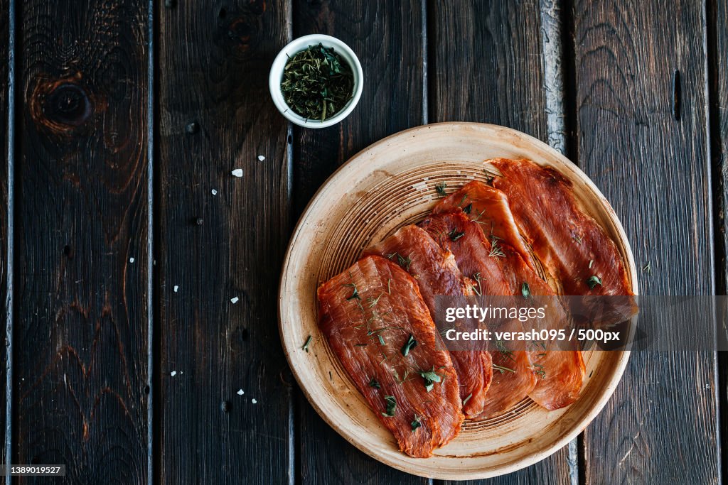 Dried chicken,Dried poultry,Cut into strips on a plate