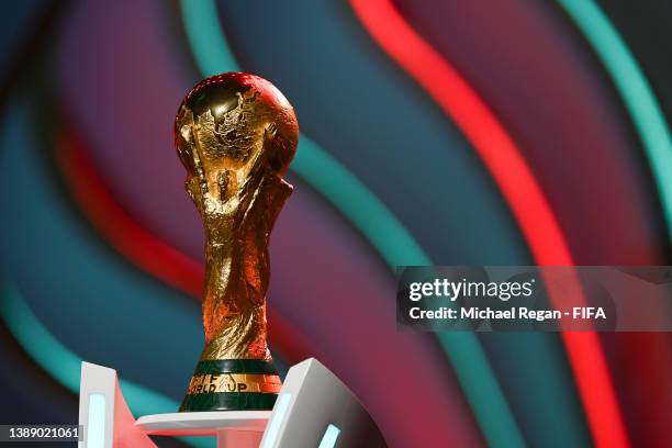 The World Cup trophy is seen during rehearsal ahead of the FIFA World Cup Qatar 2022 Final Draw at Doha Exhibition Center on April 01, 2022 in Doha,...