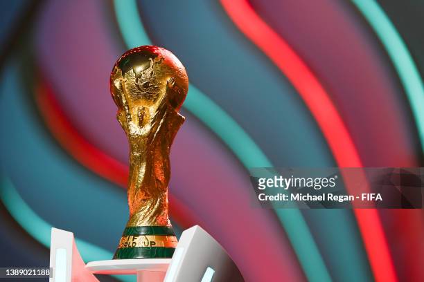 The World Cup trophy is seen during rehearsal ahead of the FIFA World Cup Qatar 2022 Final Draw at Doha Exhibition Center on April 01, 2022 in Doha,...