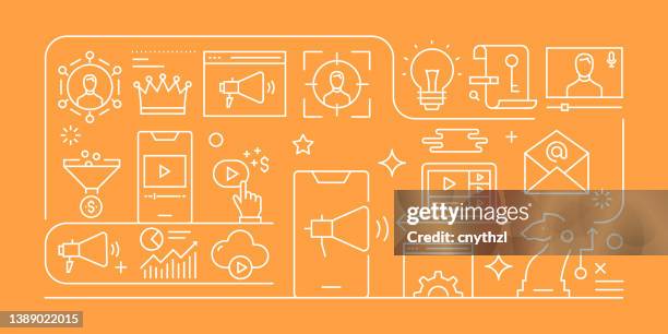 digital marketing related vector banner design concept, modern line style with icons - studio camera stock illustrations